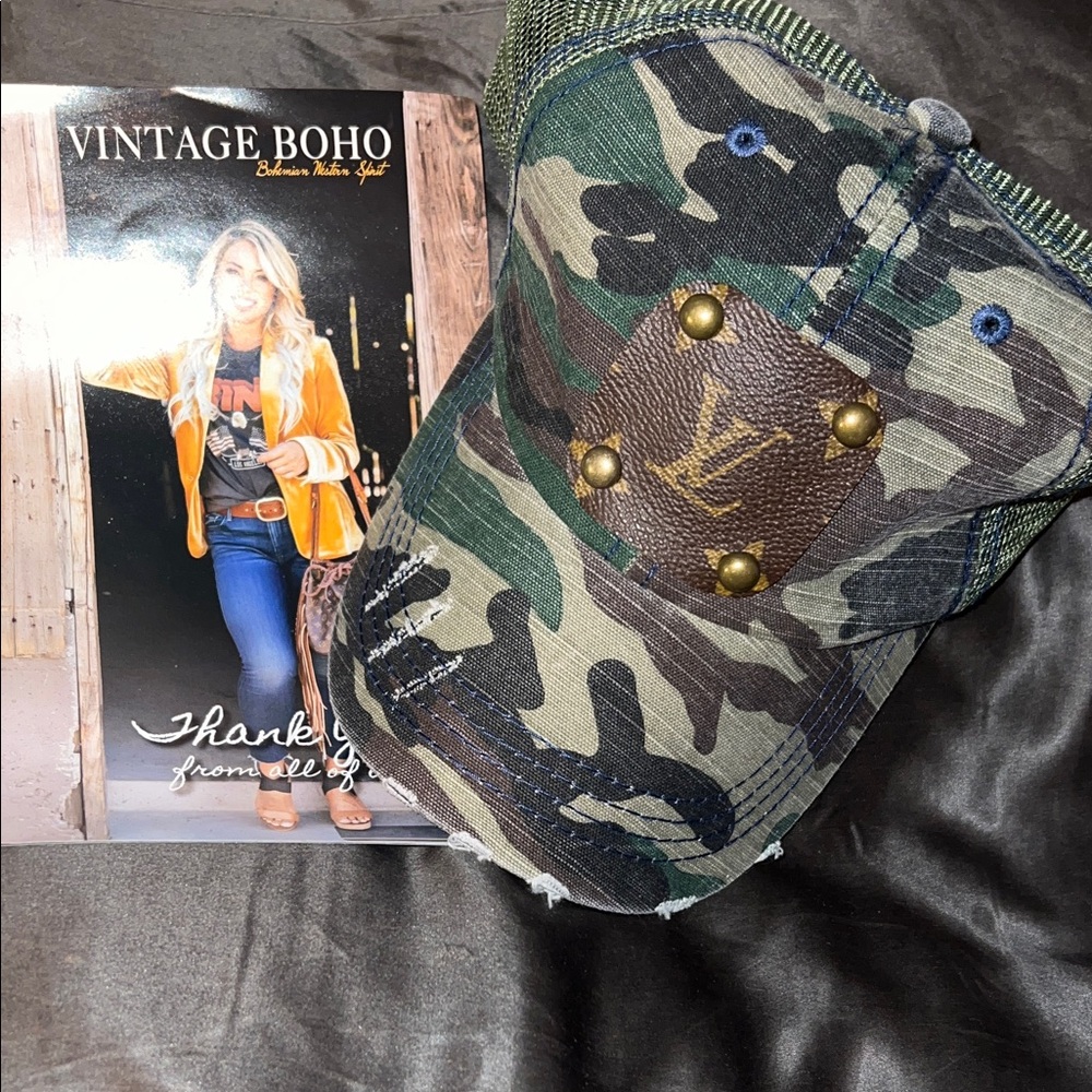 New Vintage Boho Camo Hat with Louis Vuitton Leather Logo